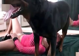 Tanned slag in pink fucks a hot pooch