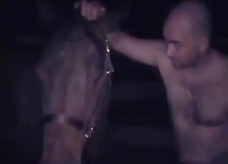 Bald farmer gives rimjob for a horse