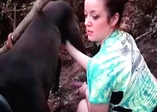 Chubby zoophile blowing a big-dicked dog