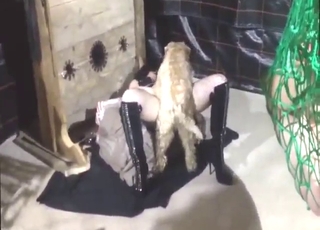 Mesh bodysuit action with a hot dog fucker