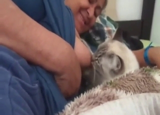Zoophile feeds her milky tit to a fucking cat