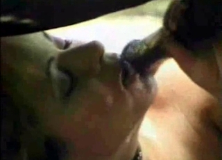 This woman is collared and she is worshipping the dick of an animal