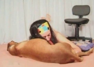 Brunette wears a mask and gives a blowjob to a brown doggo
