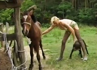 Amazing three-way with a blonde slut, stallion and a pup