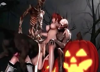 Two skeletons drilling a redhead