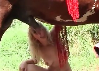 Youthfull blonde sucking a stallion