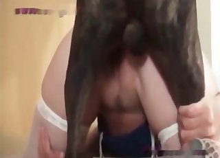Una ragazza fantastica si strofina e scopa con un cane