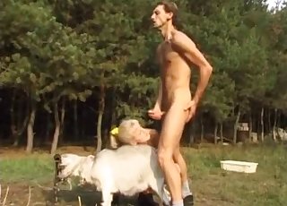 Kinky human couple and a tight pussy goat