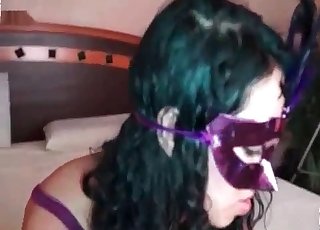 Mask-wearing chick drilled hard on a bed